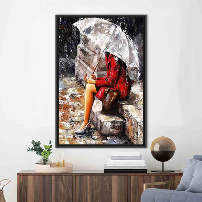 Abstract Woman Sitting Rain Umbrella Canvas Print