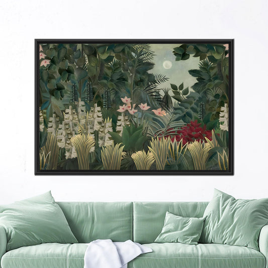Moonlit Jungle Canvas Wall Art: Lush Green Botanical Garden Poster in Henri Rousseau Style