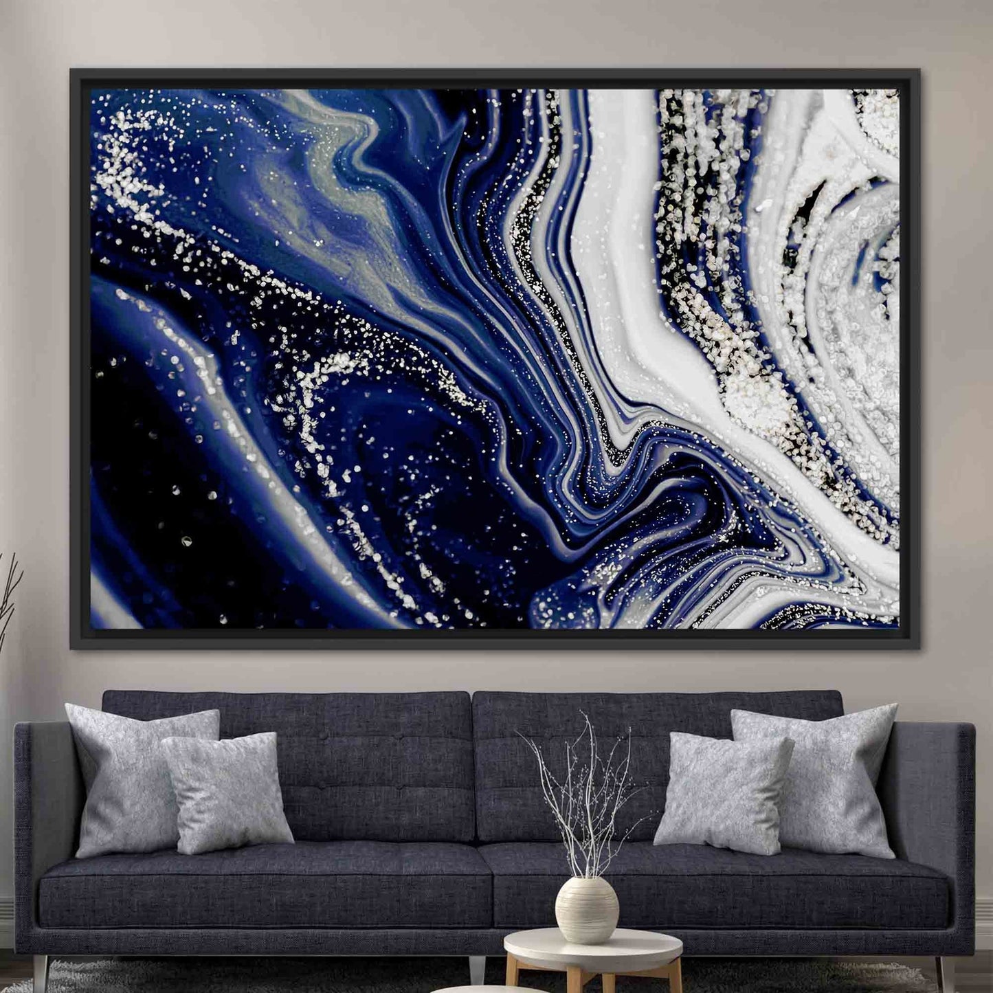 Navy Blue Marble Shimmery Silver Canvas Print