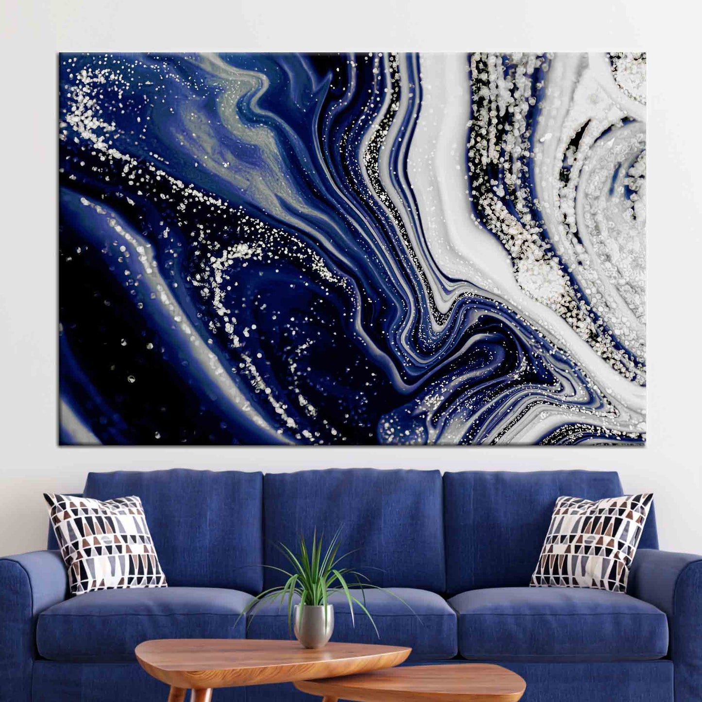 Navy Blue Marble Shimmery Silver Canvas Print
