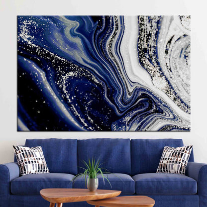 Navy Blue Marble Shimmery Silver Canvas Print