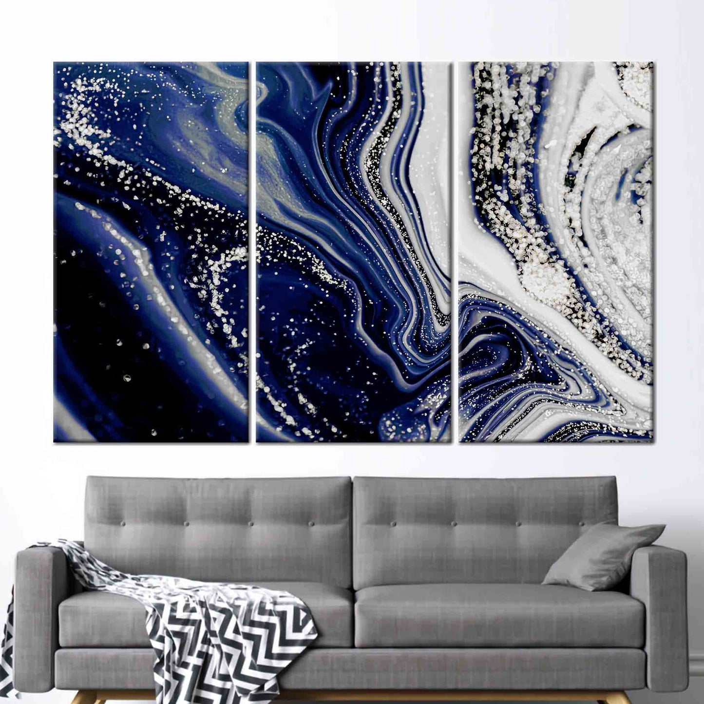 Navy Blue Marble Shimmery Silver Canvas Print