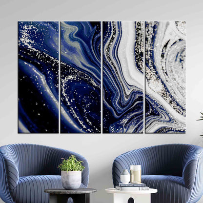 Navy Blue Marble Shimmery Silver Canvas Print