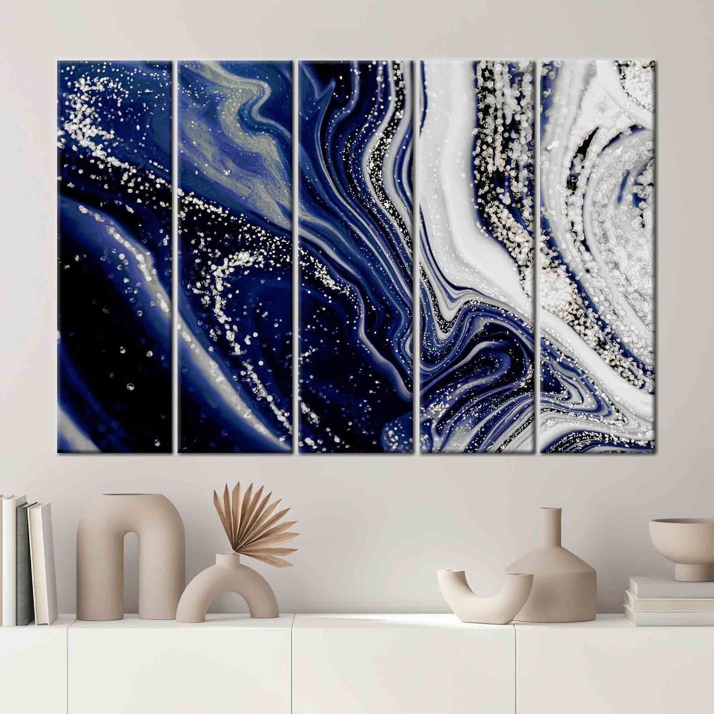Navy Blue Marble Shimmery Silver Canvas Print