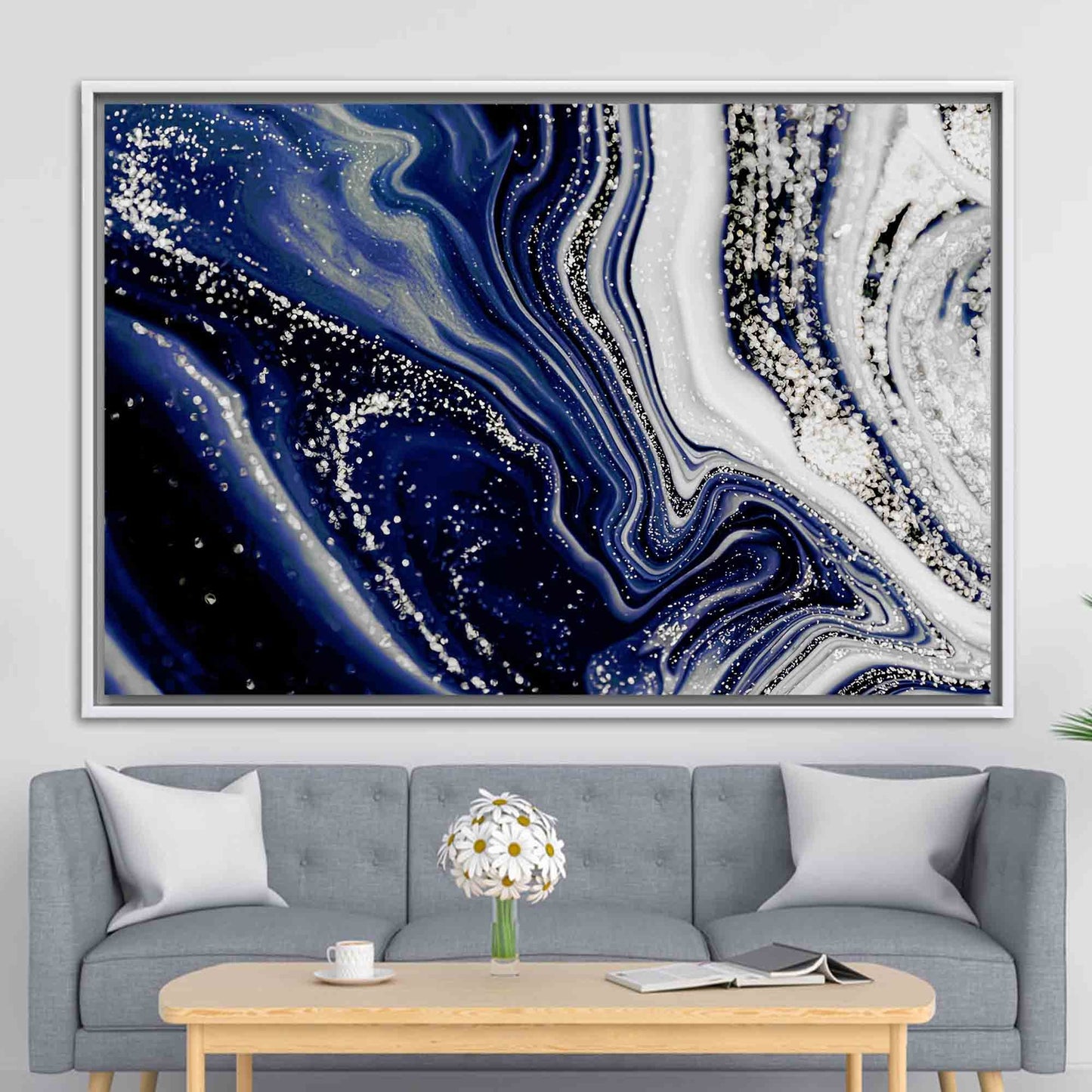 Navy Blue Marble Shimmery Silver Canvas Print