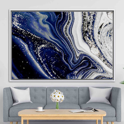 Navy Blue Marble Shimmery Silver Canvas Print