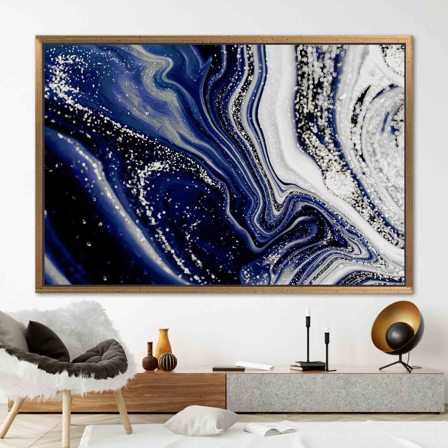 Navy Blue Marble Shimmery Silver Canvas Print