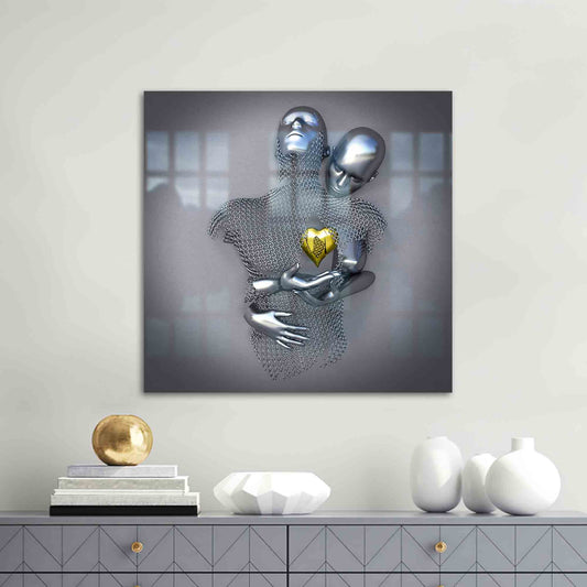 3D Silver Hugging Couple Glass Wall Art, Romantic Bedroom Decor