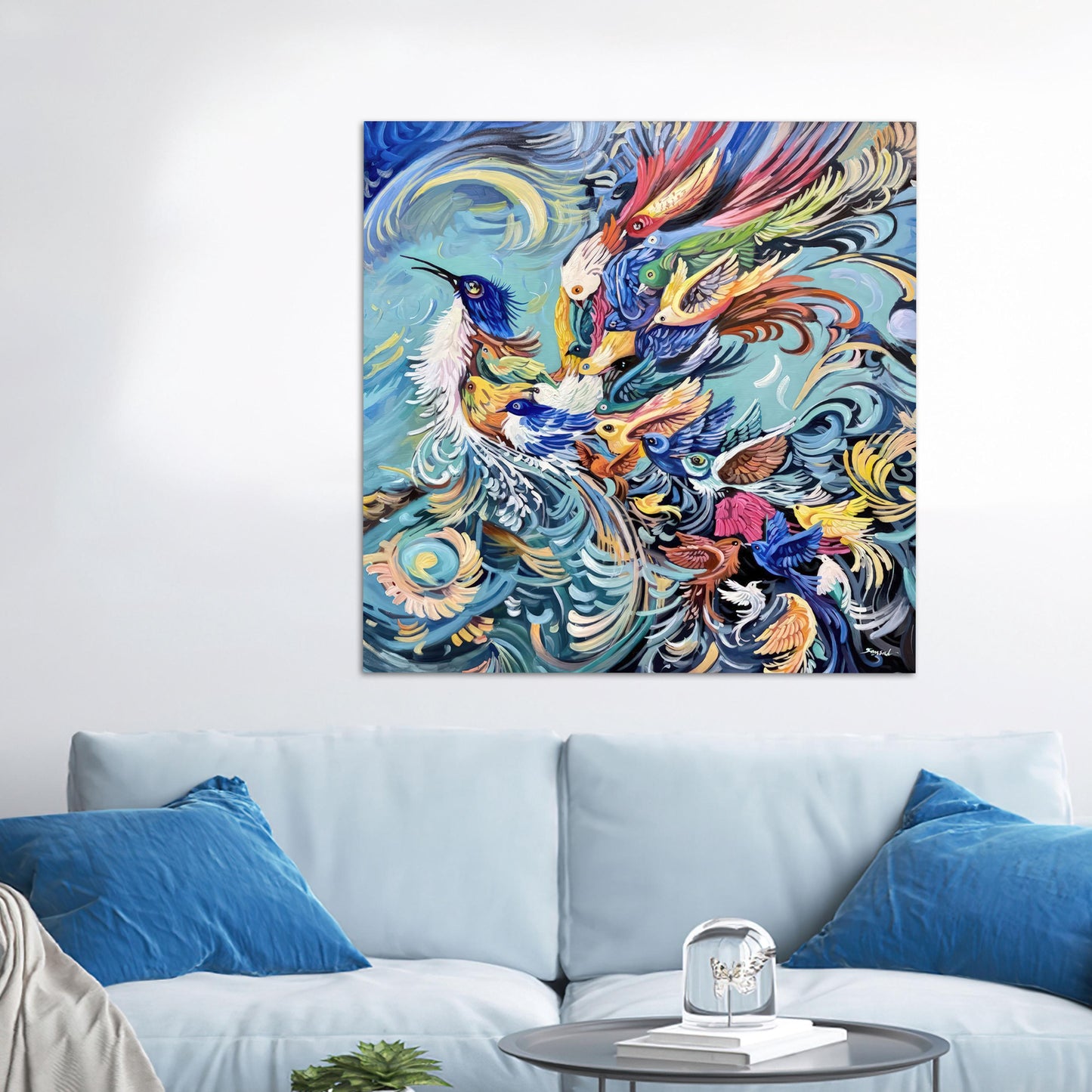 Blue Phoenix Design Bird Glass Wall Art