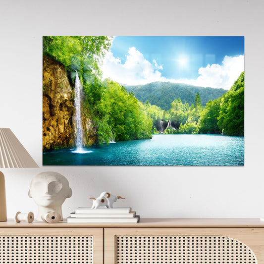 Waterfall Glass Wall Art in Deep Forest, Tree View Landscape Glass Decor
