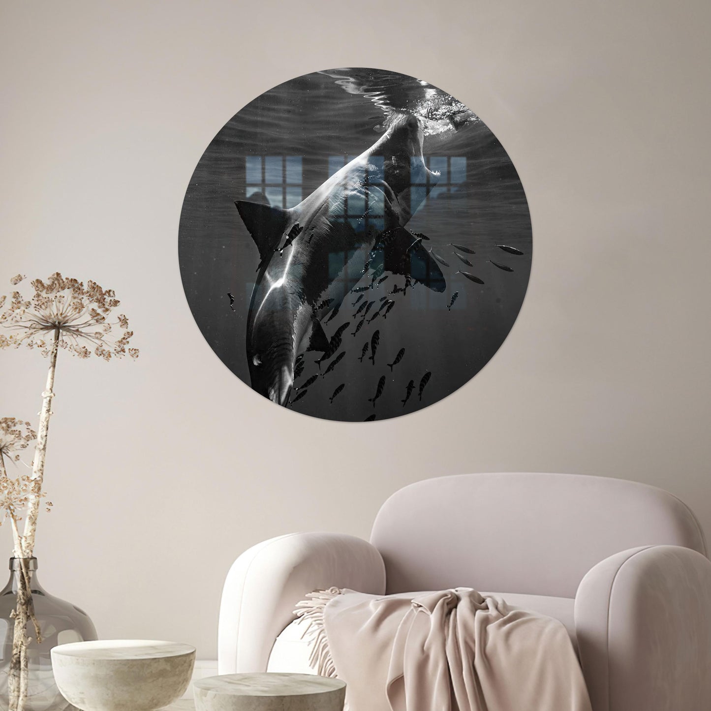 Shark and Small Fishes Glass Wall Art
