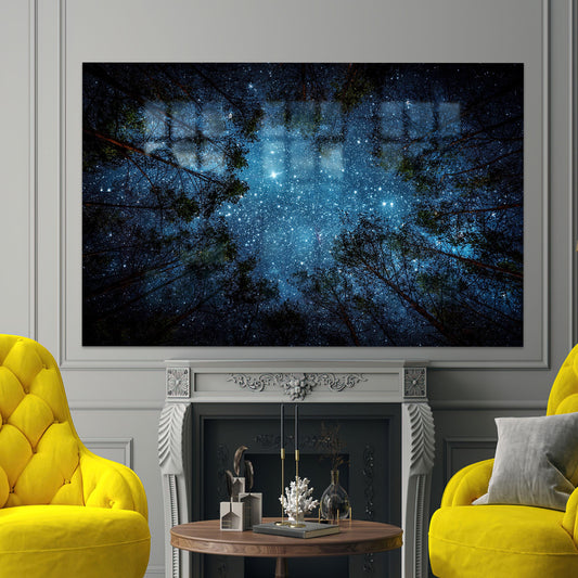 Forest Landscape Glass Wall Decor, Night View Glass Print, Beautiful Starry Sky Hanging