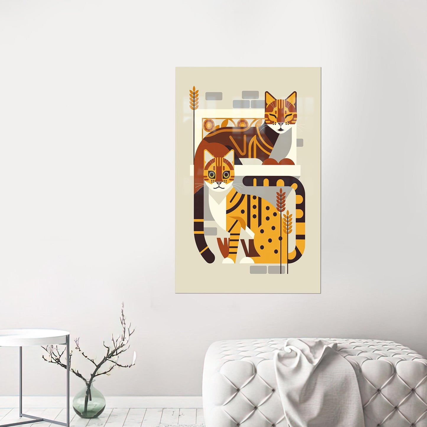 Abstract Two Cats Glass Wall Art, Minimalist Animal Print for Modern Home Decor