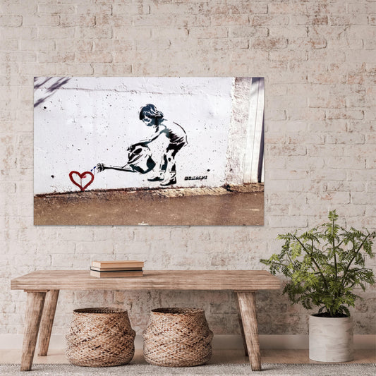 Banksy Children Water to Love Heart Glass Wall Art, Abstract Heart Decor
