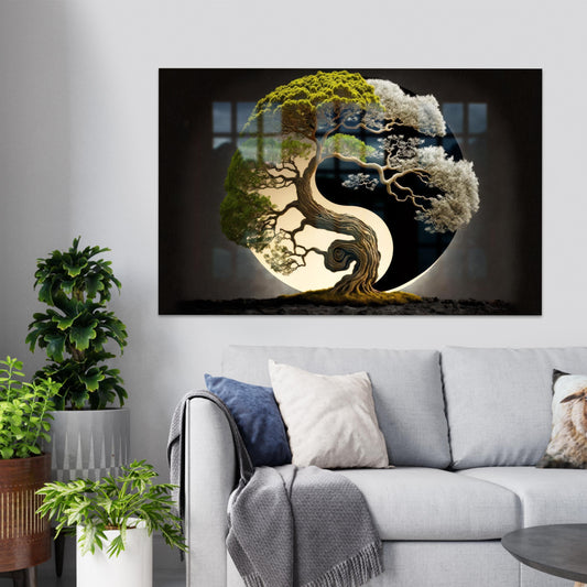 Modern Japanese Glass Art for Living Room Decor - Yin Yang Tree Wall Art
