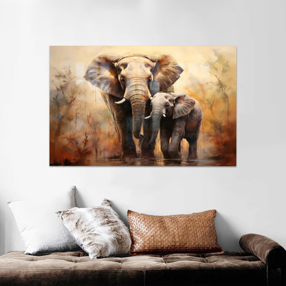 Mom and Baby Elephant Glass Wall Art