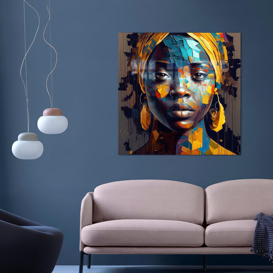 Yellow Abstract Glass Wall Art: African Woman Painting Print for Modern Home Decor