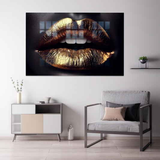 Modern Golden Lip Tempered Glass Wall Art for Man Cave