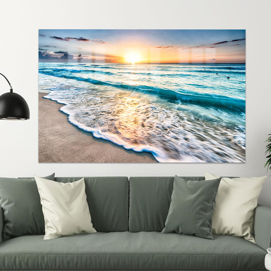 Sunset at the Ocean Glass Decor: Beach Scenery Wall Decoration