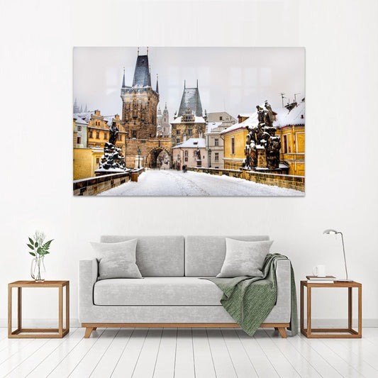 Winter City Glass Printing: European Snow Street Art 3D Glass Wall Decor for Living Room or Bedroom