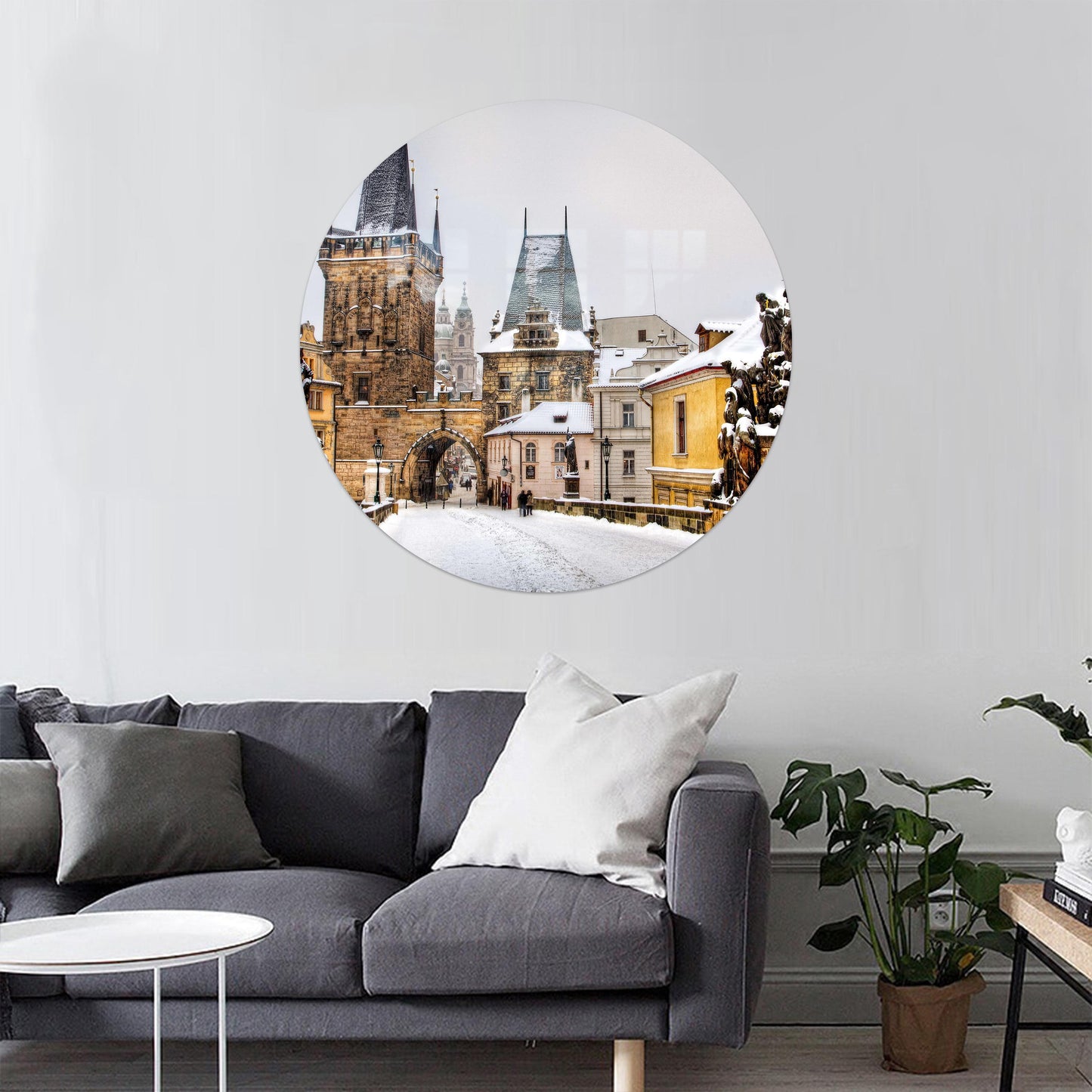 Winter City Glass Printing: European Snow Street Art 3D Glass Wall Decor for Living Room or Bedroom