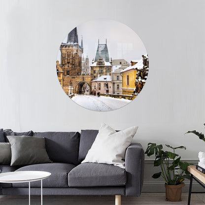 Winter City Glass Printing: European Snow Street Art 3D Glass Wall Decor for Living Room or Bedroom
