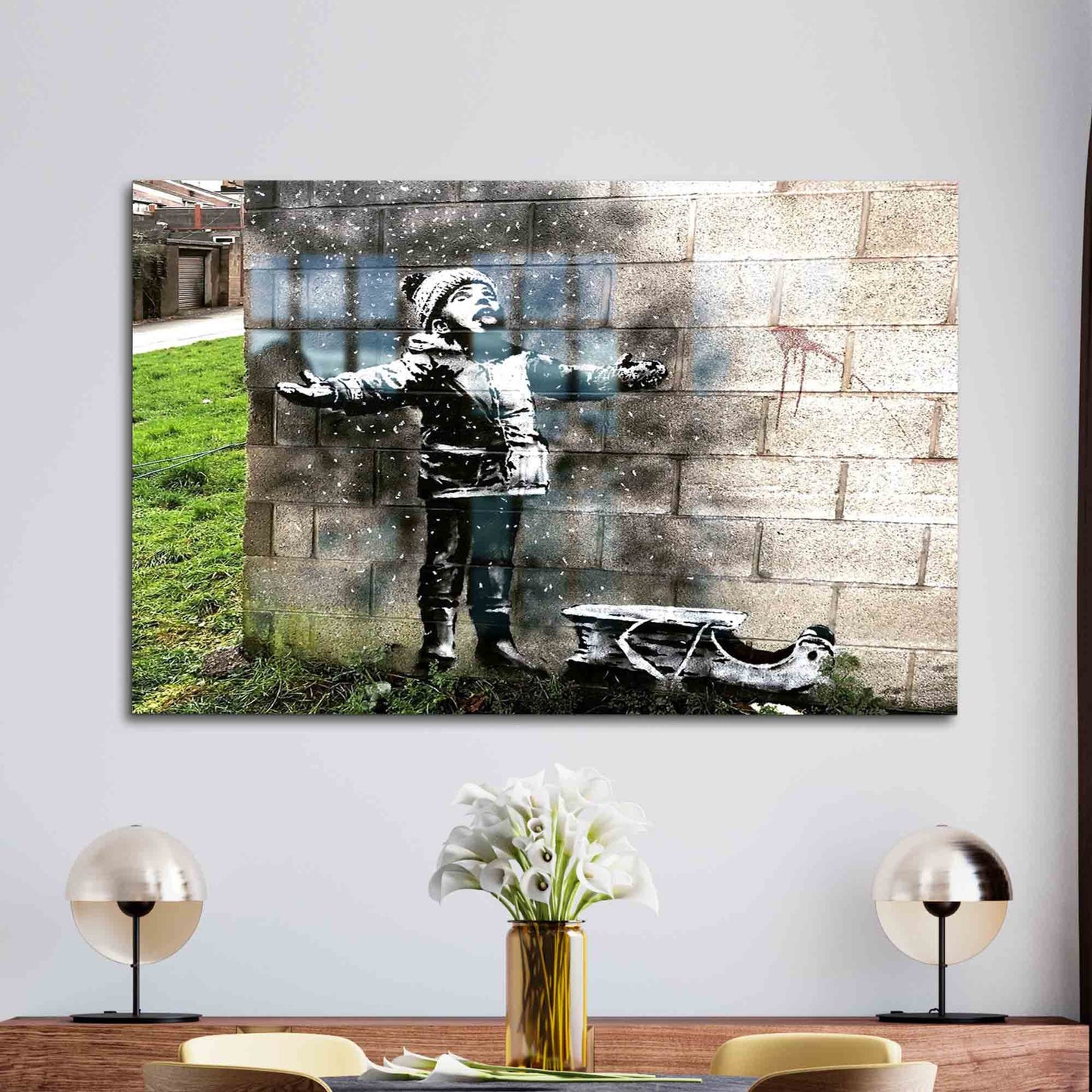 Banksy Snowfall Graffiti Street Glass Wall Art