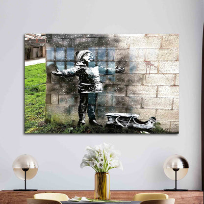 Banksy Snowfall Graffiti Street Glass Wall Art