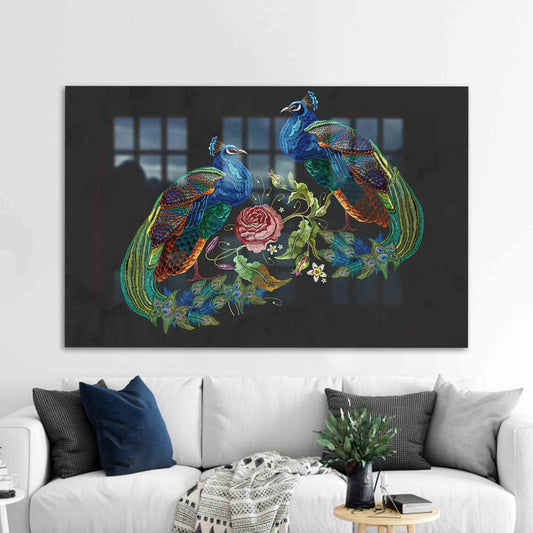 Vintage Glass Wall Decor with Peacock Embroidery Canvas Print