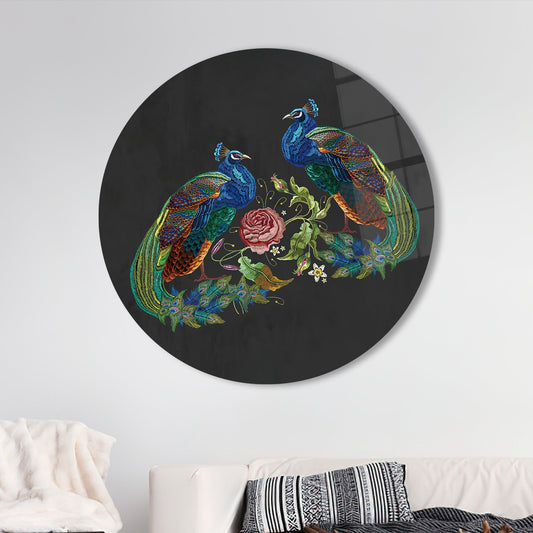 Vintage Glass Wall Decor with Peacock Embroidery Canvas Print