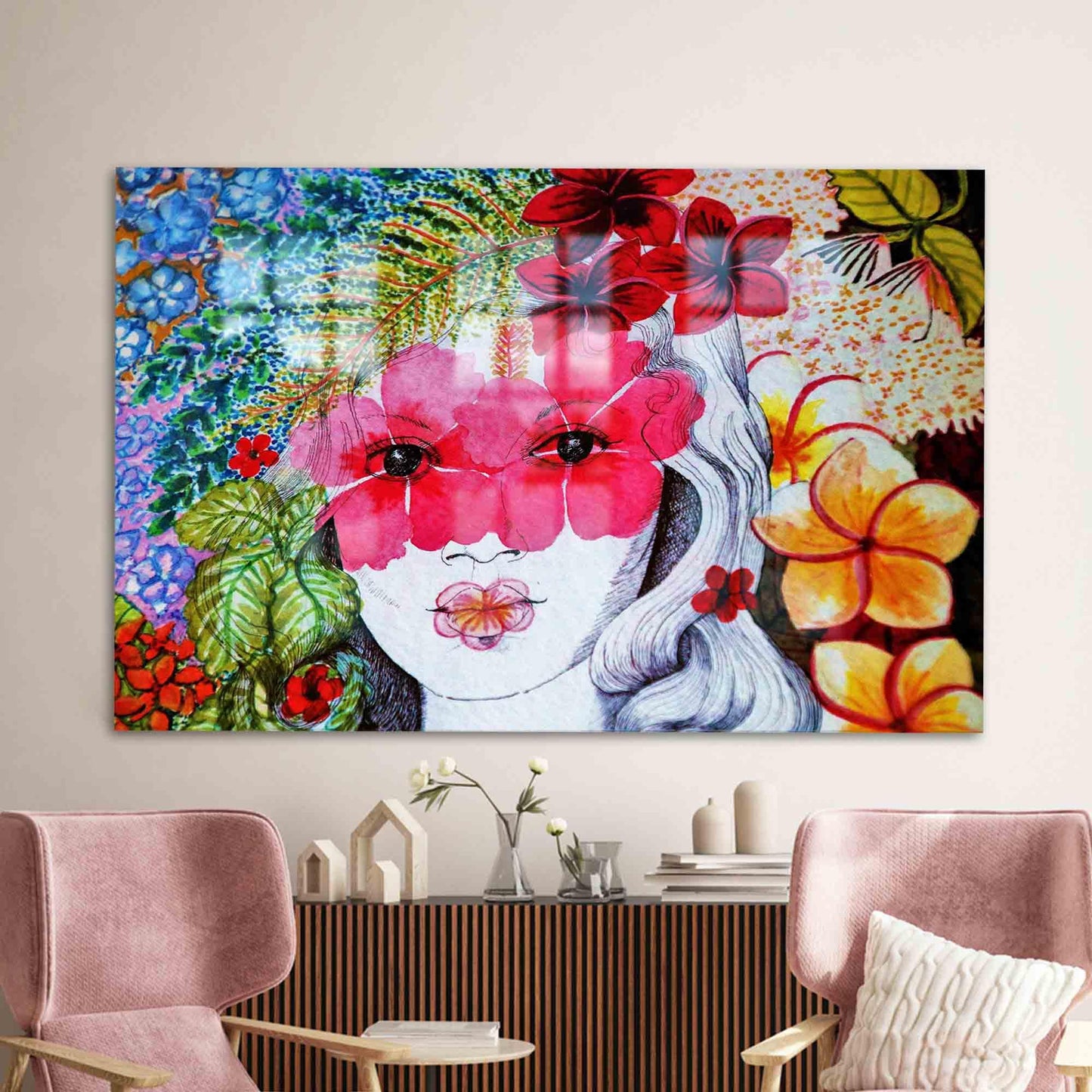 Abstract Woman Portrait Glass Wall Art, Tempered Glass Wall Decoration