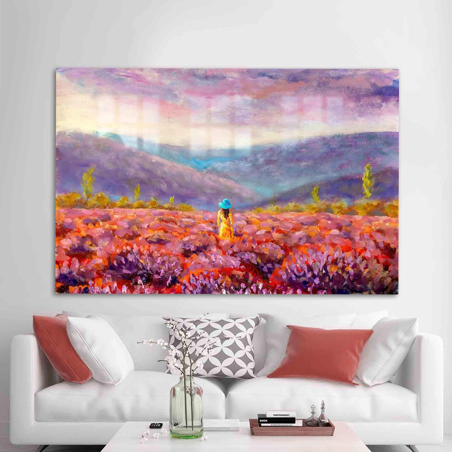 Woman Flower Field Painting Glass Wall Art