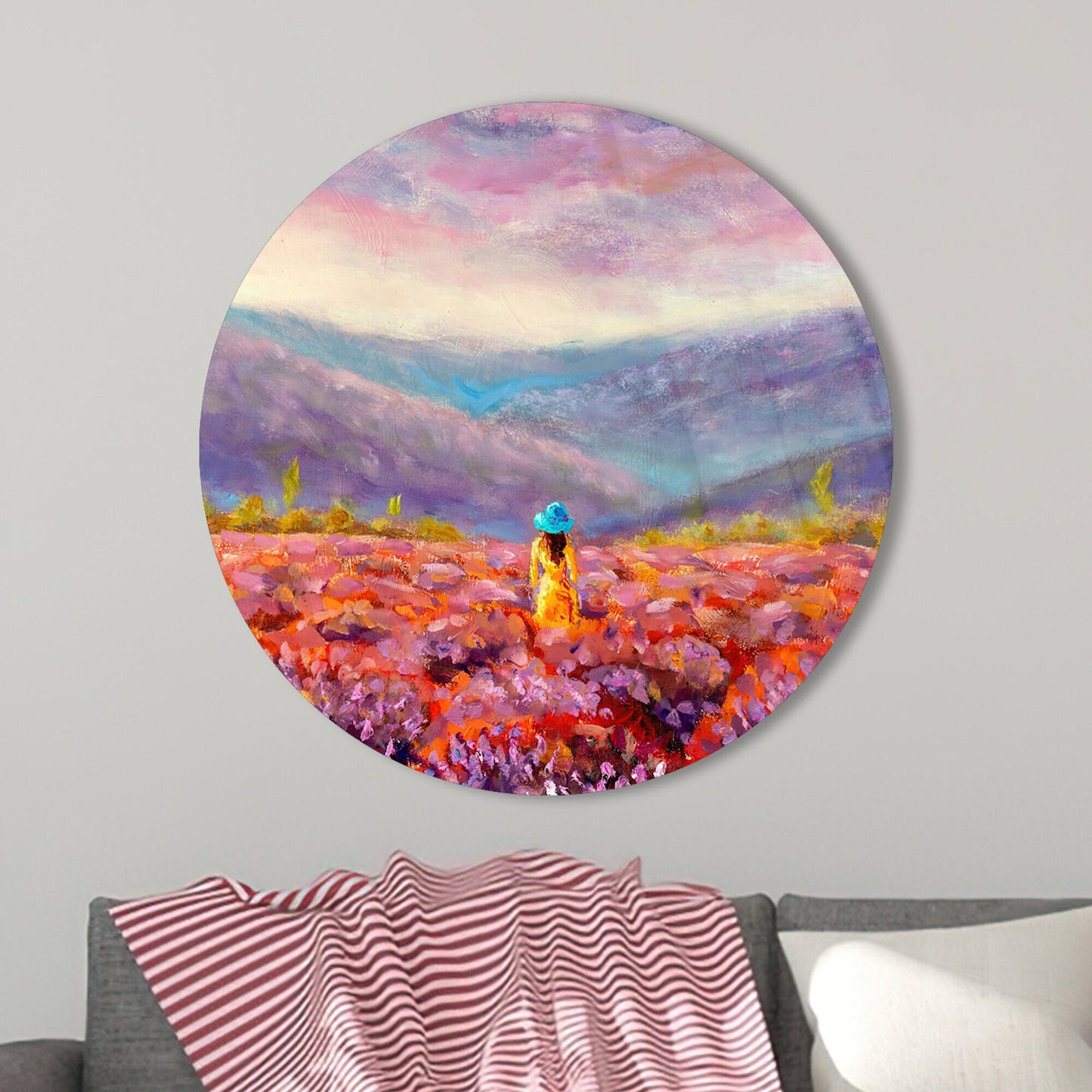 Woman Flower Field Painting Glass Wall Art