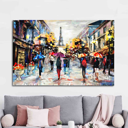 People Umbrellas at Eiffel Glass Wall Art