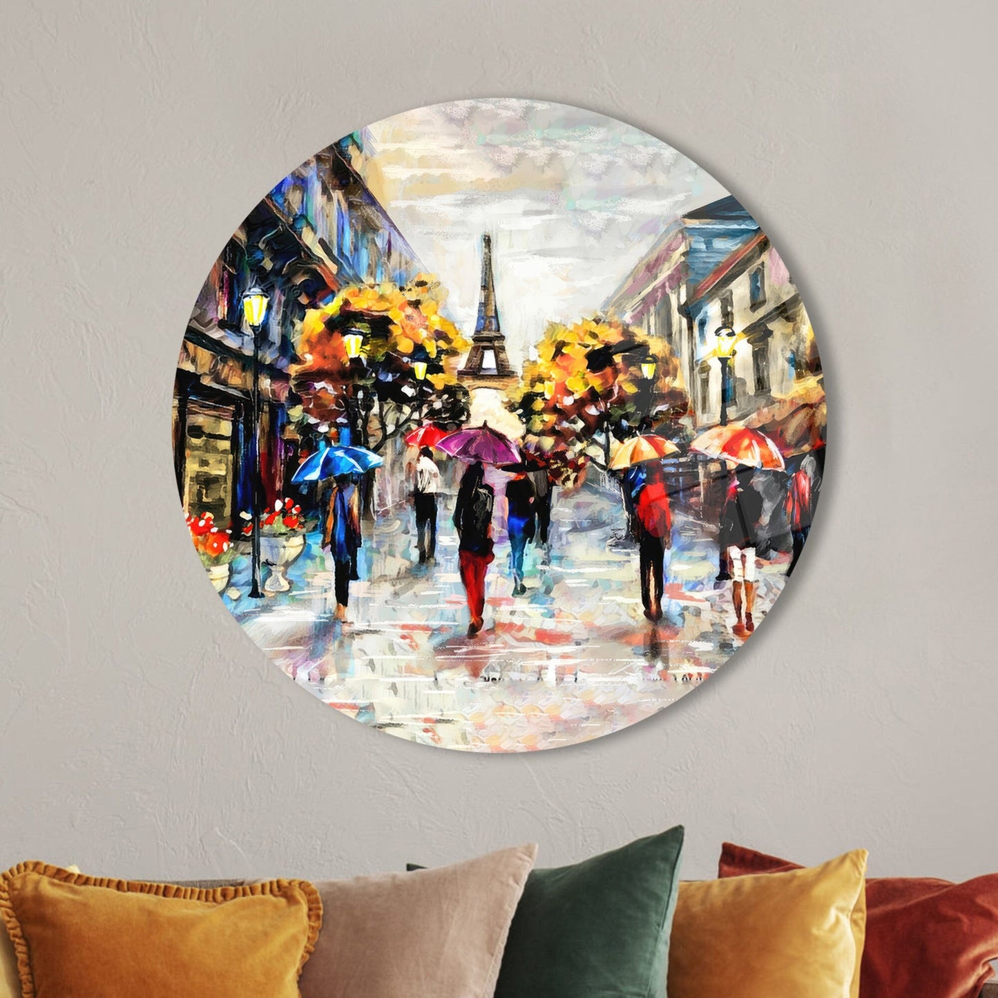 People Umbrellas at Eiffel Glass Wall Art