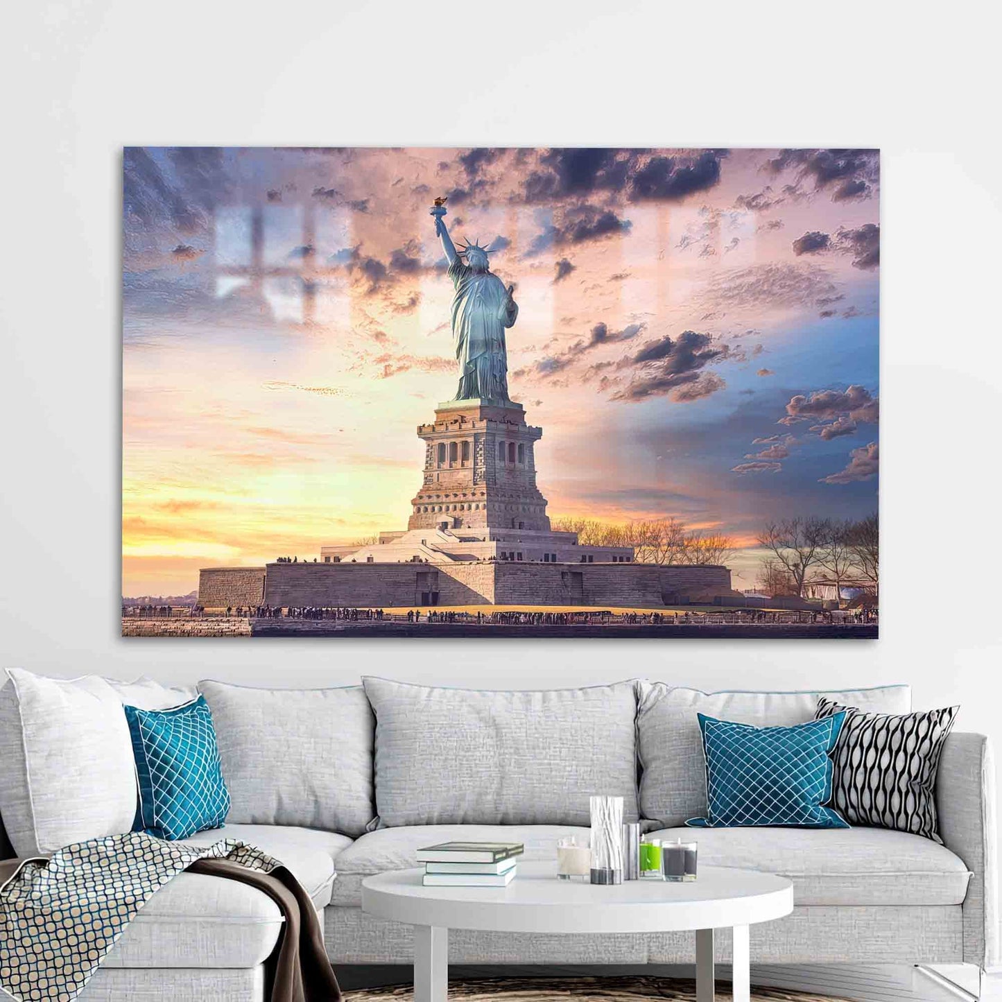 Statue Liberty Sunset 3D Glass Wall Art