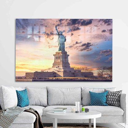 Statue Liberty Sunset 3D Glass Wall Art