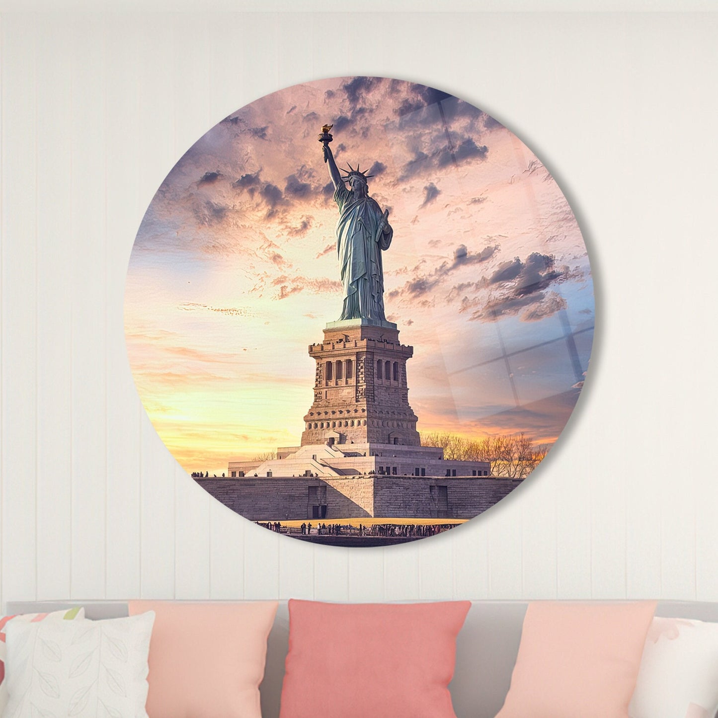 Statue Liberty Sunset 3D Glass Wall Art