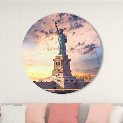 Statue Liberty Sunset 3D Glass Wall Art