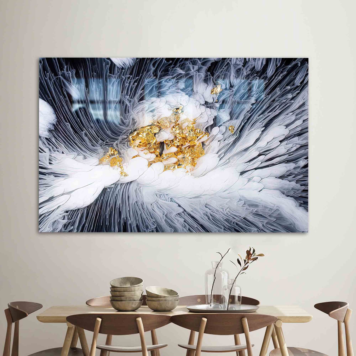 White Abstract Gold Flower Glass Wall Art