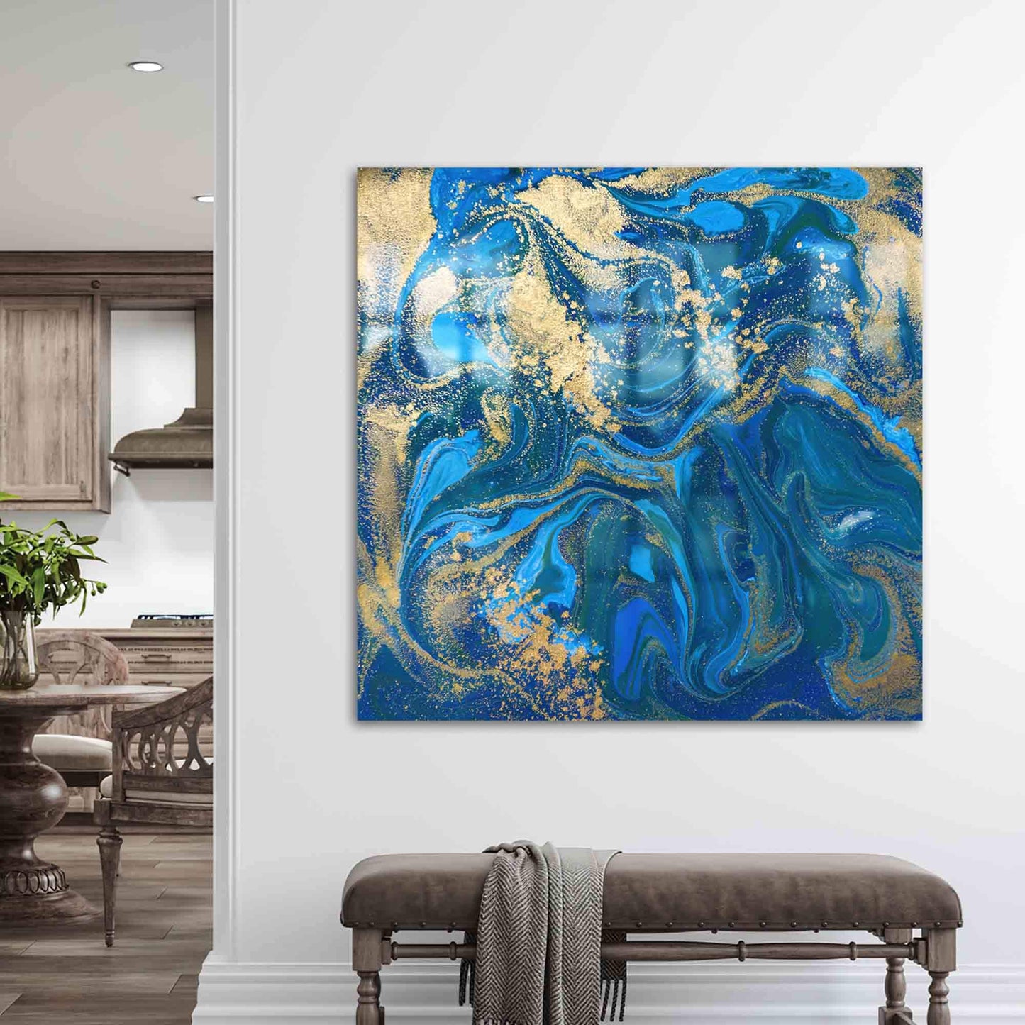 Blue Gold Accents Abstract Glass Wall Art