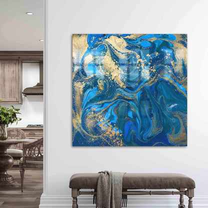 Blue Gold Accents Abstract Glass Wall Art