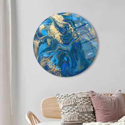 Blue Gold Accents Abstract Glass Wall Art