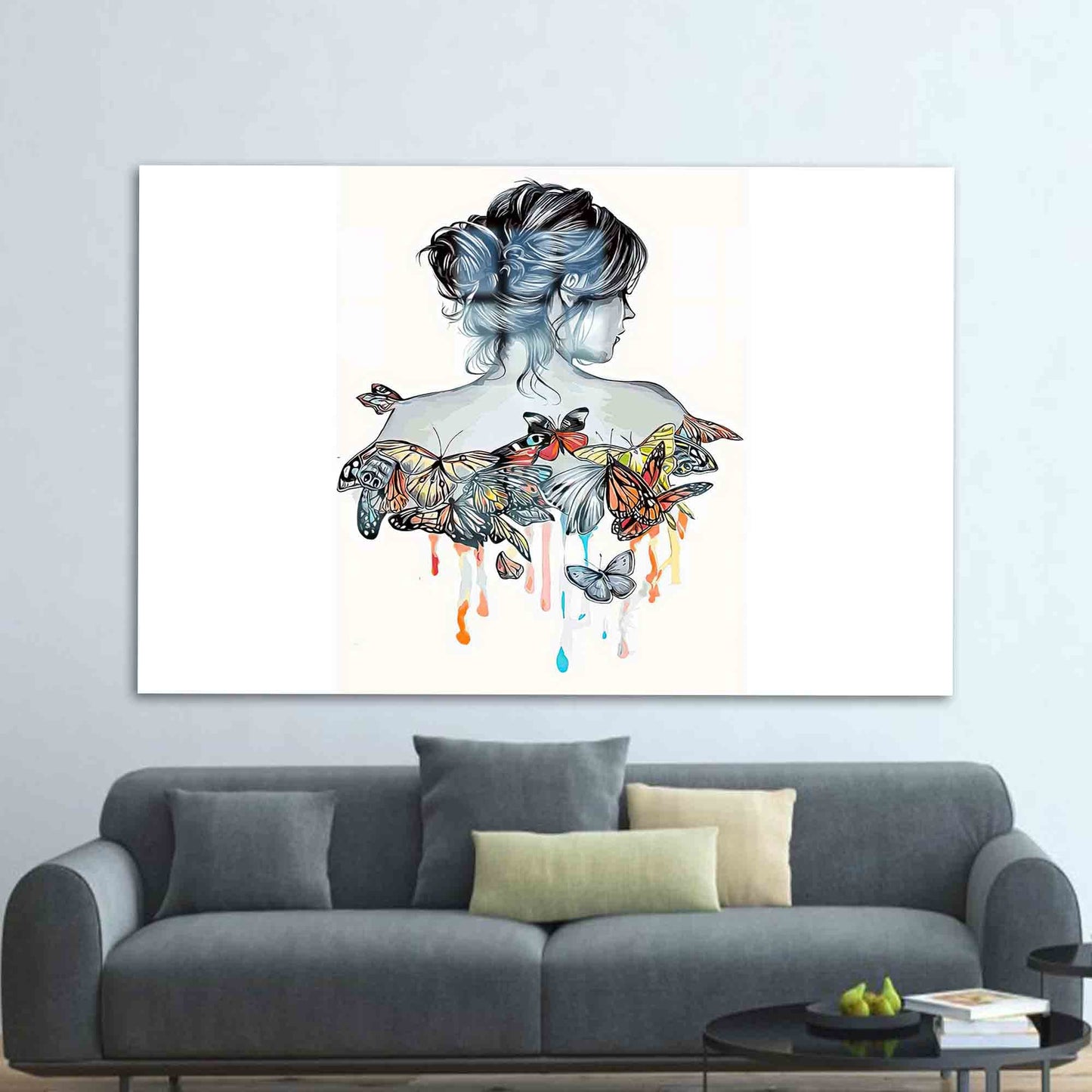 Abstract Glass Wall Art: Girl and Butterflies Drawing in Elegant Glass Print