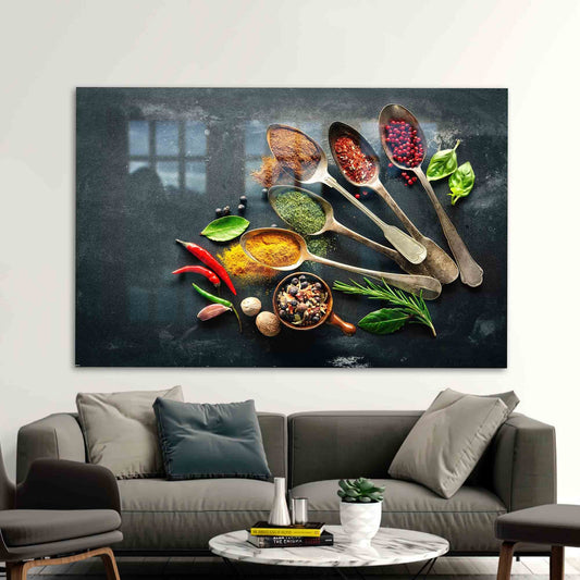 Modern Tempered Glass Wall Art with Indian Spices Design for Dining Room