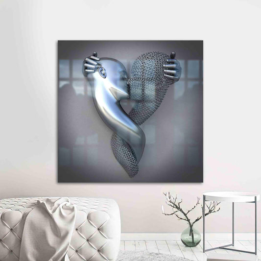 Modern Glass Wall Art with Metallic Couple Print - Elegant Lover Gift