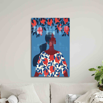 Abstract Woman with Pomegranate Tempered Glass Wall Decor, Mural Art