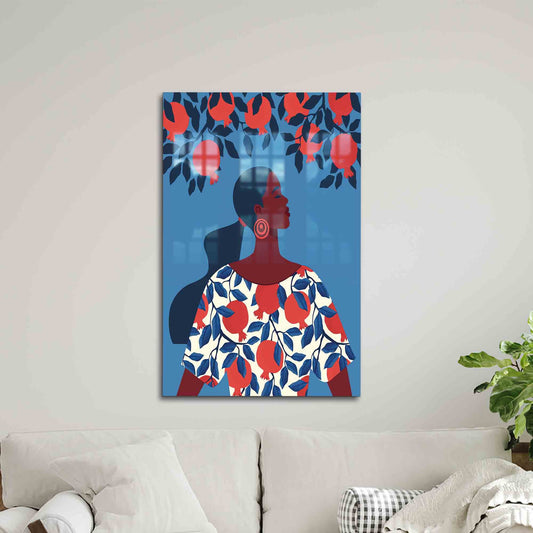 Abstract Woman with Pomegranate Tempered Glass Wall Decor, Mural Art