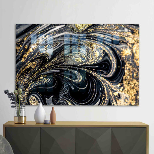 Modern Black and Gold Abstract Glass Wall Art for Home Decor