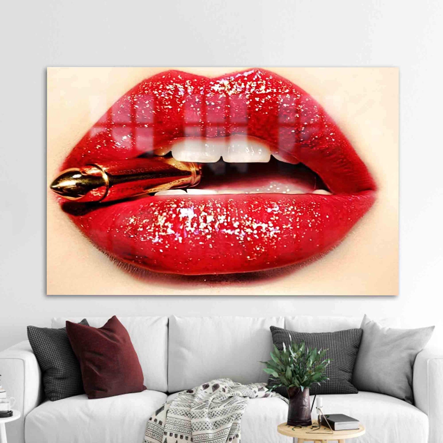 Red Erotic Lip Design Glass Wall Art
